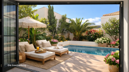 Terraza soleada con piscina y flores