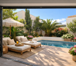 Terraza soleada con piscina y flores